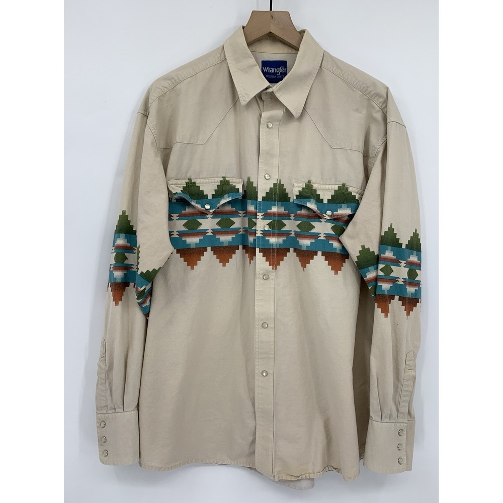 Vintage Wrangler Shirt Mens XL Beige Aztec Pearl Snap Western Country